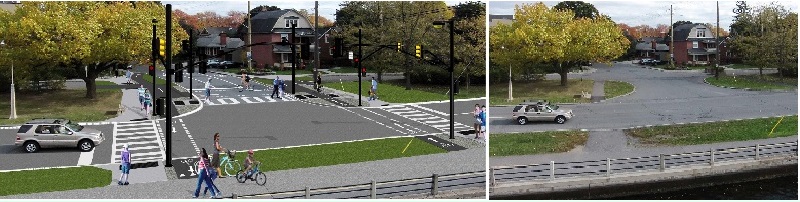 Before / after images of Clegg Street and Colonel By Drive intersection