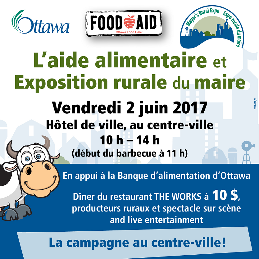Affiche de l'aide alimentaire et exposition rurale du maire. Vendredi 2 juin 2017. Hôtel de ville, au centre-ville. 10h - 14h. 