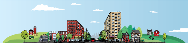 A cartoon illustration of a city that is used as the header of the newsletter.