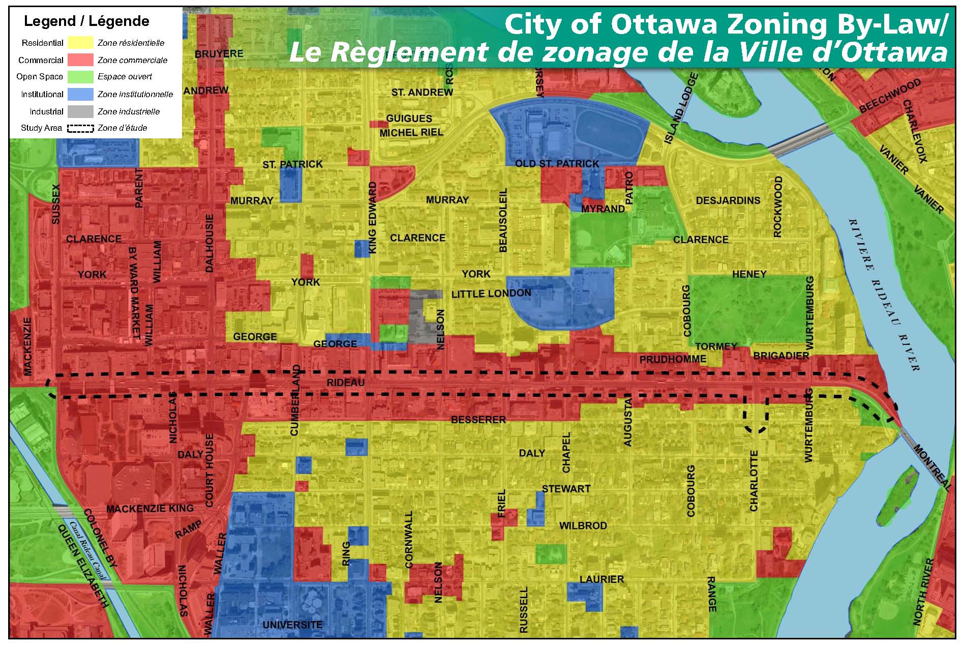 Sample map illustrating different zoning in the urban area